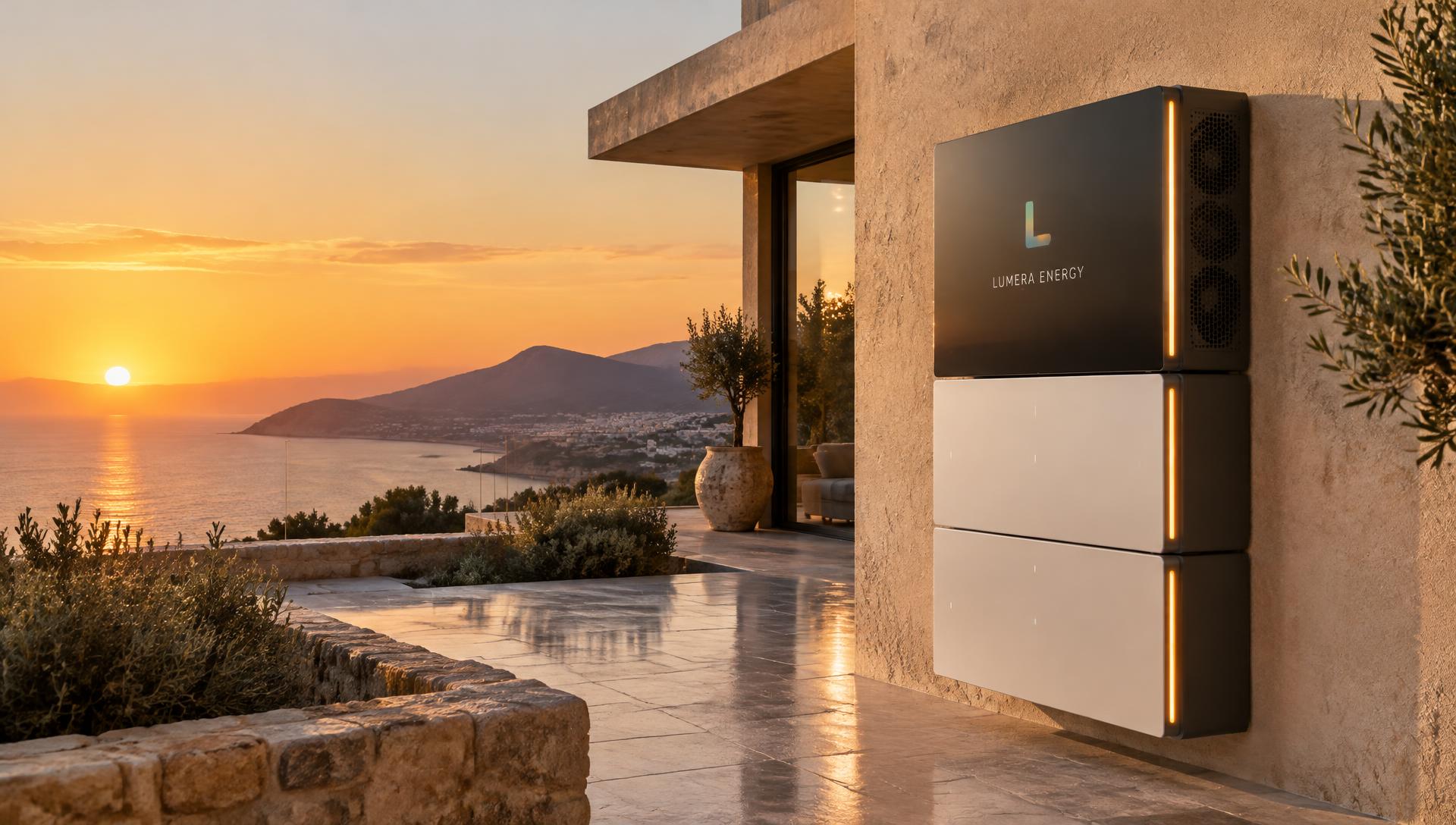 LUMERA HOME 15 mounted on a Mediterranean villa terrace at sunset